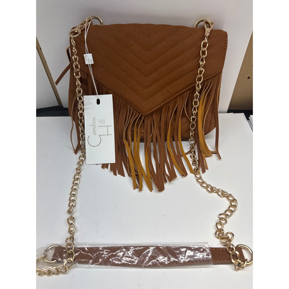 Caroline Hill Cognac Brown Faux Suede Chevron Quilted Fringe Crossbody Bag NEW